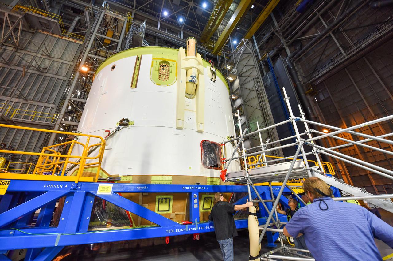Technicians at NASA’s Michoud Assembly Facility in New Orleans moved the engine section for NASA’s Space Launch System (SLS) rocket to another part of the facility on Sept. 3 to prepare it for joining to the rest of the rocket’s core stage. The engine section, which comprises the lowest portion of the 212-foot-tall stage, is the last major component to be horizontally integrated to the core stage. Michoud crews completed assembly on the flight hardware that will be used for Artemis I, the first lunar mission of SLS and NASA’s Orion spacecraft, on Aug. 29. NASA and Boeing engineers removed the scaffolding surrounding the hardware to use a special tool to properly position the engine section for its attachment to the rest of the stage. The core stage’s two liquid propellant tanks and four RS-25 engines will produce more than 2 million pounds of thrust to send the SLS rocket and Orion on the Artemis lunar missions. The engine section houses the four RS-25 engines and includes vital systems for mounting, controlling and delivering fuel form the propellant tanks to the rocket’s engines.  Offering more payload mass, volume capability and energy to speed missions through space, the SLS rocket, along with NASA’s Gateway in lunar orbit and Orion, is part of NASA’s backbone for deep space exploration and the Artemis lunar program. No other rocket is capable of carrying astronauts in Orion around the Moon in a single mission.